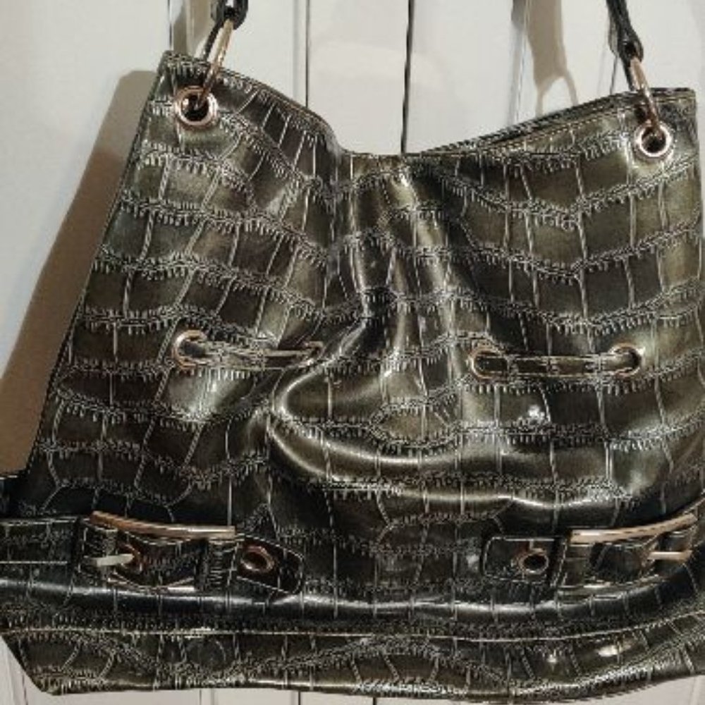 Sag Harbor Shiny Black Croc-Embossed Hobo with Silver-Tone Accents